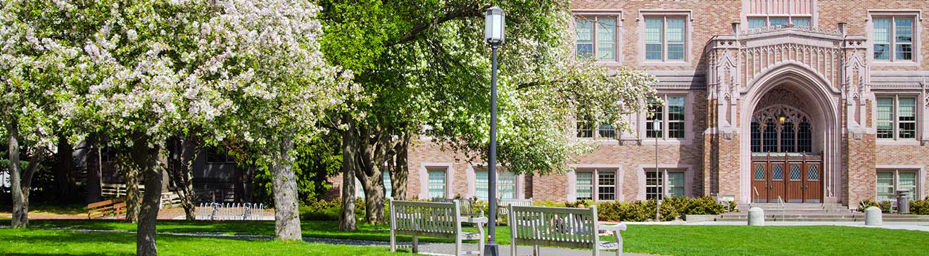 College campus buildings surrounded by trees